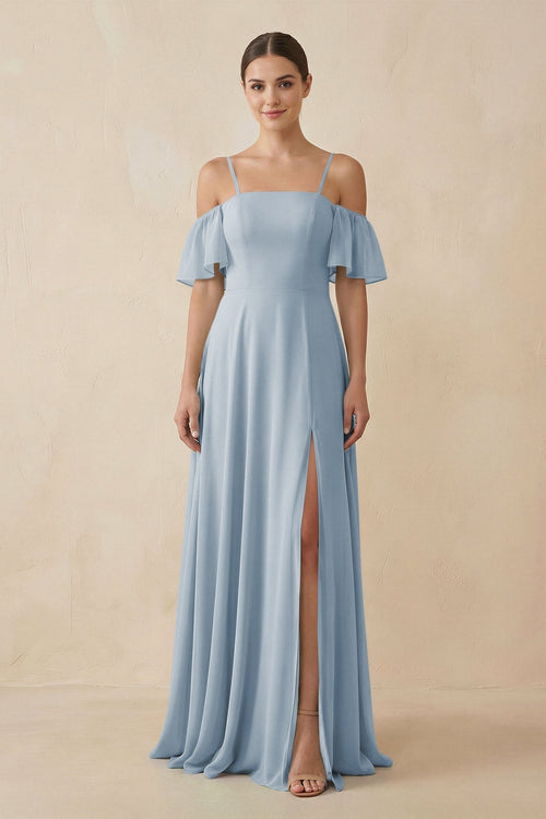 Off - the - Shoulder A - Line Chiffon Bridesmaid Dress in Dusty Blue - KISS BRIDAL Bridesmaid Dresses