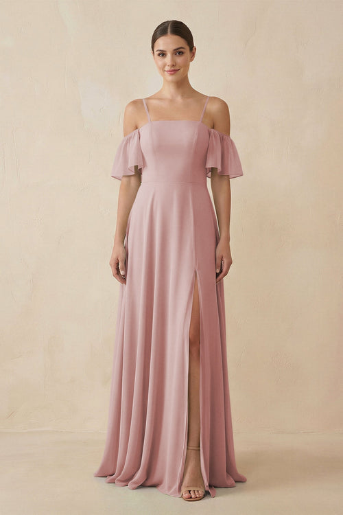 Off - the - Shoulder A - Line Chiffon Bridesmaid Dress in Dusty Rose - KISS BRIDAL Bridesmaid Dresses