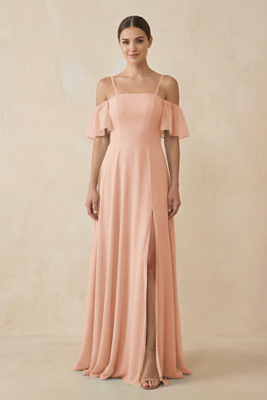 Off - the - Shoulder A - Line Chiffon Bridesmaid Dress in English Rose - SHE IS ME Bridesmaid Dresses