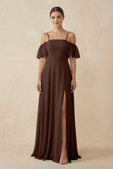 Off - the - Shoulder A - Line Chiffon Bridesmaid Dress in Espresso - KISS BRIDAL Bridesmaid Dresses