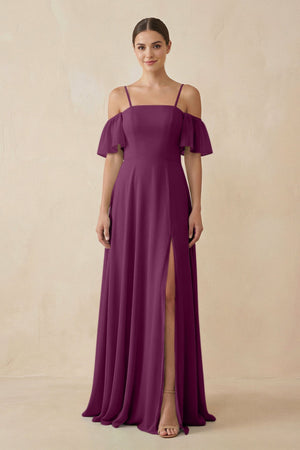 Off - the - Shoulder A - Line Chiffon Bridesmaid Dress in Fig - KISS BRIDAL Bridesmaid Dresses
