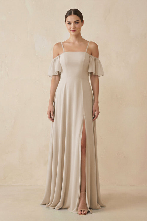 Off - the - Shoulder A - Line Chiffon Bridesmaid Dress in Frost - SHE IS ME Bridesmaid Dresses