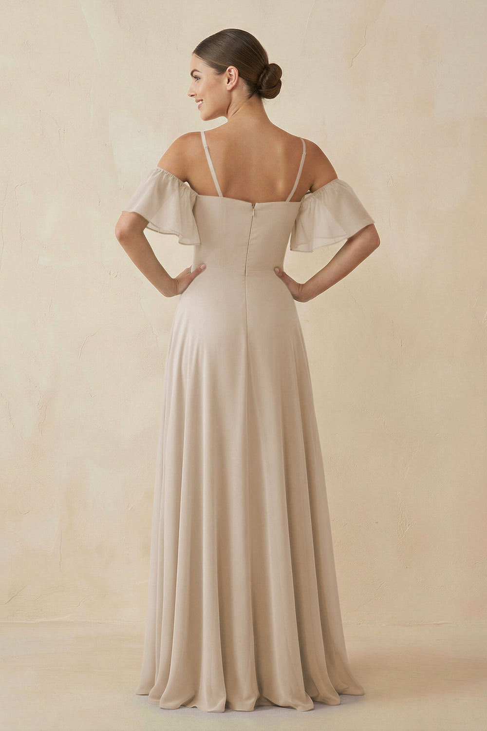 Off - the - Shoulder A - Line Chiffon Bridesmaid Dress in Frost - KISS BRIDAL Bridesmaid Dresses
