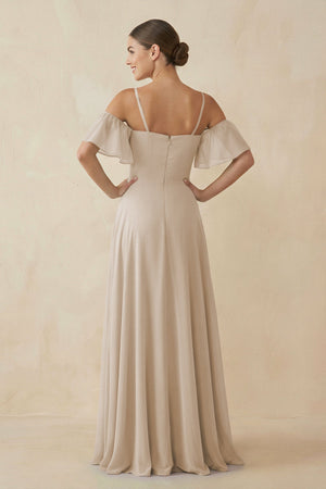 Off - the - Shoulder A - Line Chiffon Bridesmaid Dress in Frost - SHE IS ME Bridesmaid Dresses