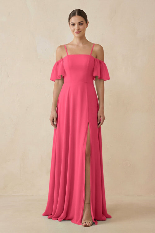 Off - the - Shoulder A - Line Chiffon Bridesmaid Dress in Fuchsia - SHE IS ME Bridesmaid Dresses