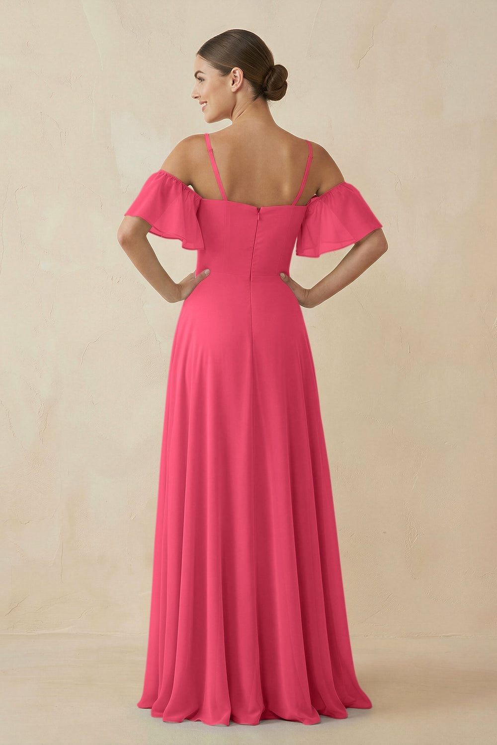 Off - the - Shoulder A - Line Chiffon Bridesmaid Dress in Fuchsia - KISS BRIDAL Bridesmaid Dresses