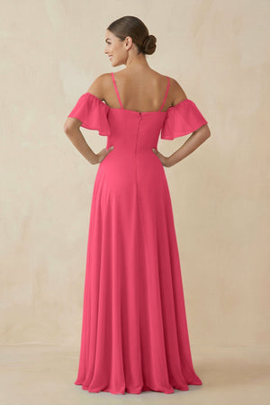 Off - the - Shoulder A - Line Chiffon Bridesmaid Dress in Fuchsia - SHE IS ME Bridesmaid Dresses