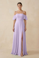 Off - the - Shoulder A - Line Chiffon Bridesmaid Dress in Lavender - KISS BRIDAL Bridesmaid Dresses
