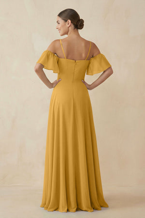 Off - the - Shoulder A - Line Chiffon Bridesmaid Dress in Marigold - KISS BRIDAL Bridesmaid Dresses