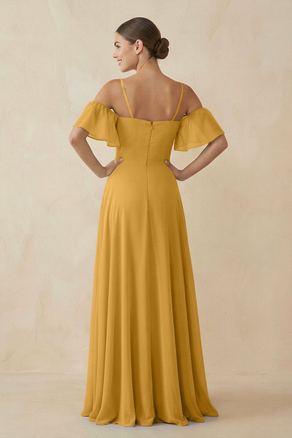 Off - the - Shoulder A - Line Chiffon Bridesmaid Dress in Marigold - KISS BRIDAL Bridesmaid Dresses
