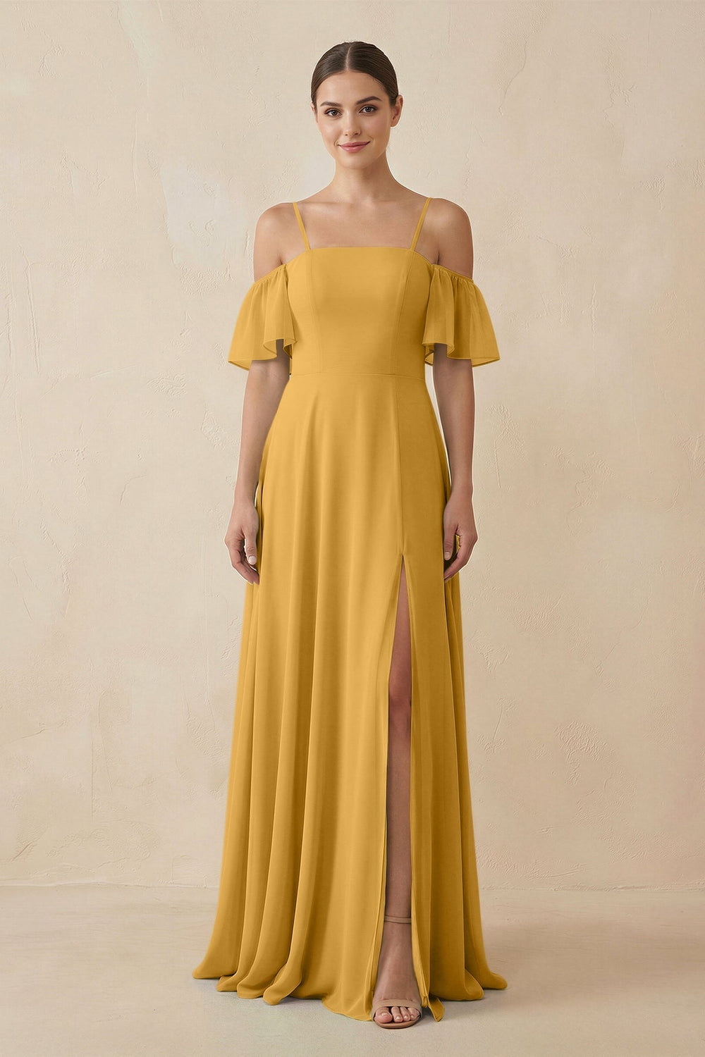 Off - the - Shoulder A - Line Chiffon Bridesmaid Dress in Marigold - KISS BRIDAL Bridesmaid Dresses
