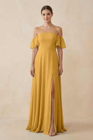 Off - the - Shoulder A - Line Chiffon Bridesmaid Dress in Marigold - KISS BRIDAL Bridesmaid Dresses