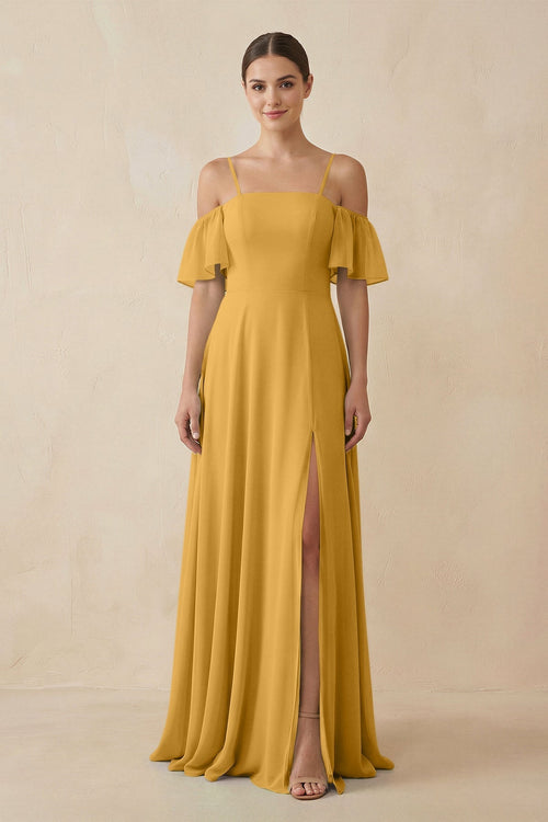 Off - the - Shoulder A - Line Chiffon Bridesmaid Dress in Marigold - KISS BRIDAL Bridesmaid Dresses