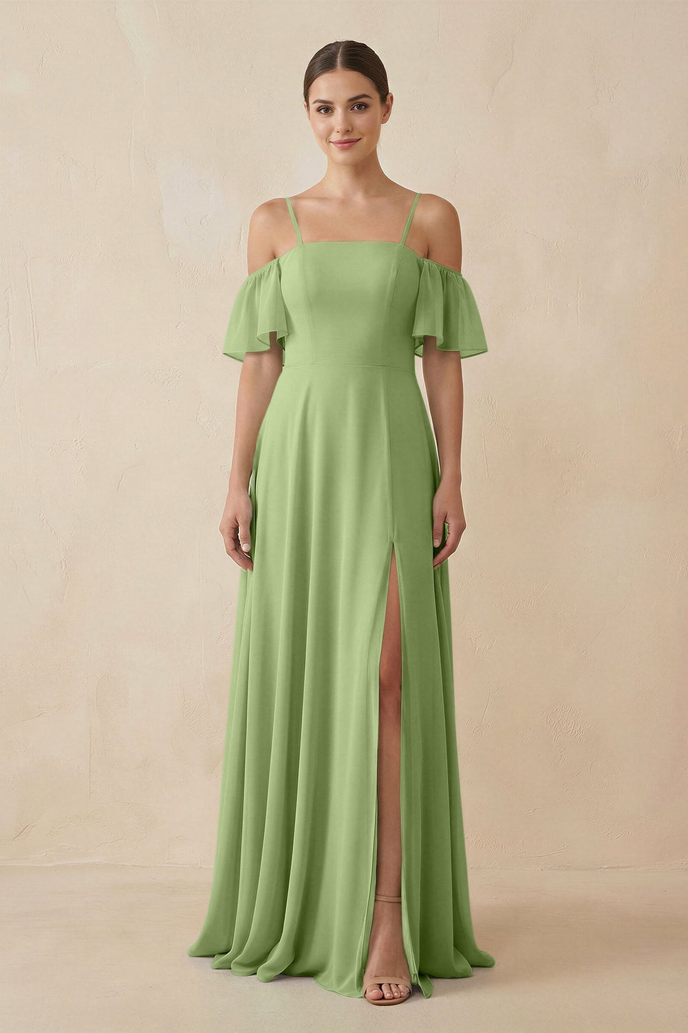 Off - the - Shoulder A - Line Chiffon Bridesmaid Dress in Matcha - SHE IS ME Bridesmaid Dresses