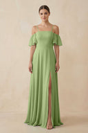 Off - the - Shoulder A - Line Chiffon Bridesmaid Dress in Matcha - SHE IS ME Bridesmaid Dresses