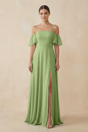 Off - the - Shoulder A - Line Chiffon Bridesmaid Dress in Matcha - SHE IS ME Bridesmaid Dresses