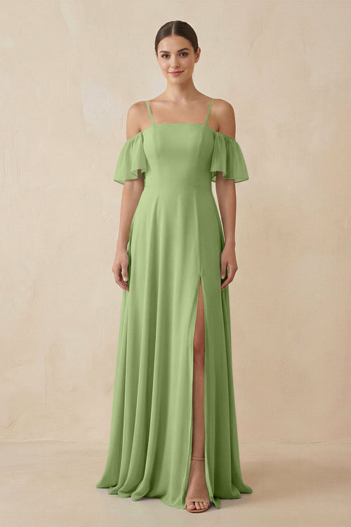 Off - the - Shoulder A - Line Chiffon Bridesmaid Dress in Matcha - SHE IS ME Bridesmaid Dresses