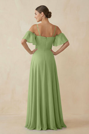 Off - the - Shoulder A - Line Chiffon Bridesmaid Dress in Matcha - SHE IS ME Bridesmaid Dresses