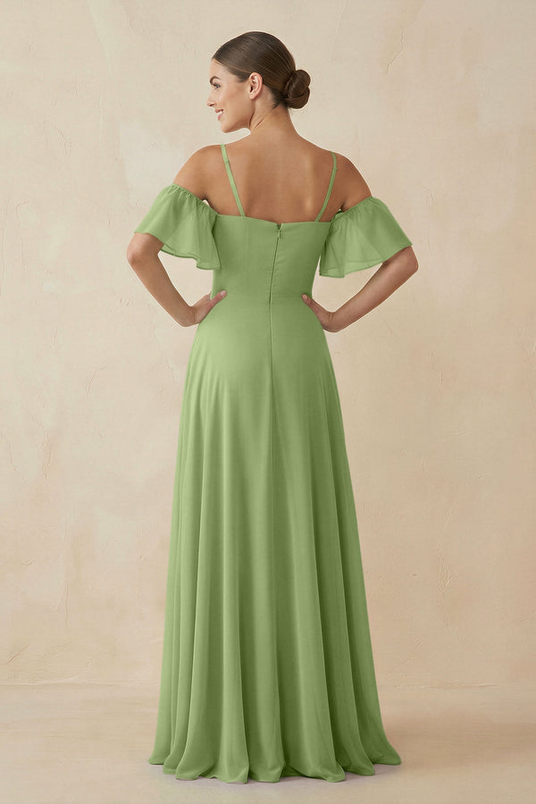 Off - the - Shoulder A - Line Chiffon Bridesmaid Dress in Matcha - SHE IS ME Bridesmaid Dresses