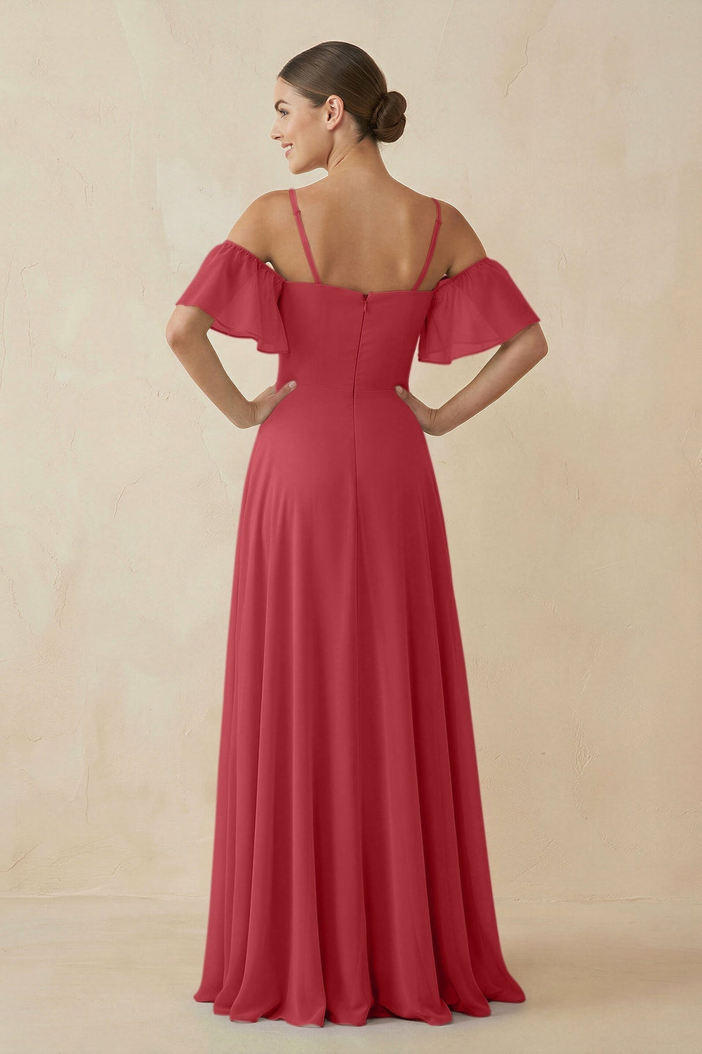 Off - the - Shoulder A - Line Chiffon Bridesmaid Dress in Merlot - KISS BRIDAL Bridesmaid Dresses