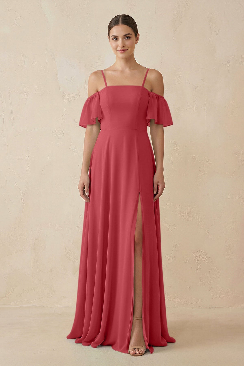 Off - the - Shoulder A - Line Chiffon Bridesmaid Dress in Merlot - KISS BRIDAL Bridesmaid Dresses