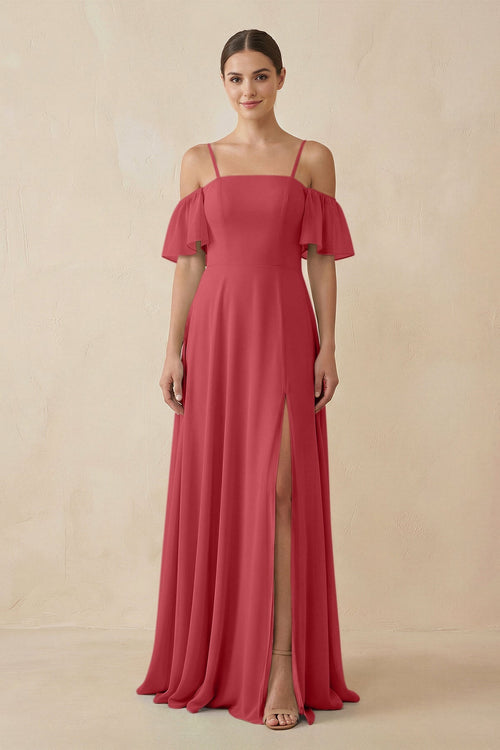 Off - the - Shoulder A - Line Chiffon Bridesmaid Dress in Merlot - KISS BRIDAL Bridesmaid Dresses