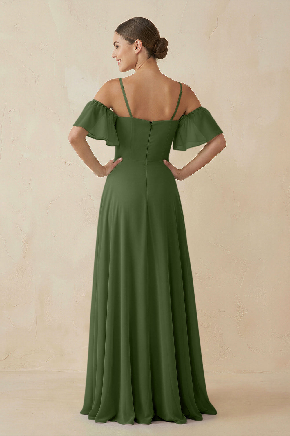 Off-the-Shoulder A-Line Chiffon Bridesmaid Dress in Moss
