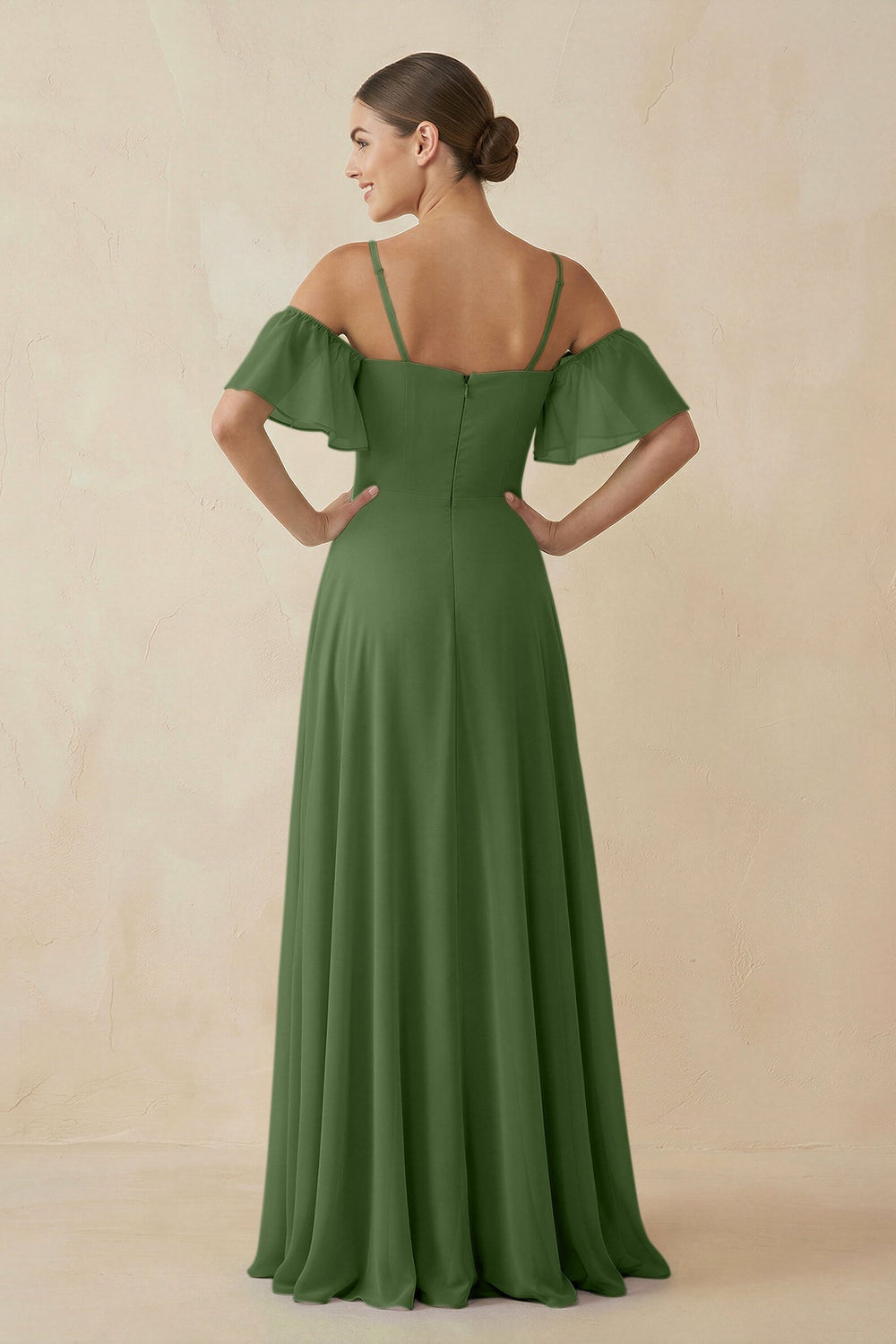 Off - the - Shoulder A - Line Chiffon Bridesmaid Dress in Moss - KISS BRIDAL Bridesmaid Dresses