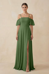 Off - the - Shoulder A - Line Chiffon Bridesmaid Dress in Moss - KISS BRIDAL Bridesmaid Dresses