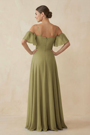 Off-the-Shoulder A-Line Chiffon Bridesmaid Dress in Moss Green (2) | KISSBRIDAL