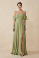Off - the - Shoulder A - Line Chiffon Bridesmaid Dress in Moss Green - SHE IS ME Bridesmaid Dresses