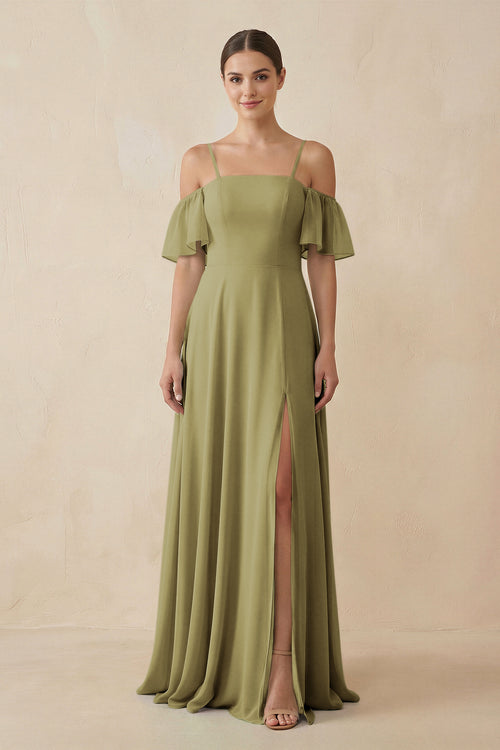 Off-the-Shoulder A-Line Chiffon Bridesmaid Dress in Moss Green | KISSBRIDAL