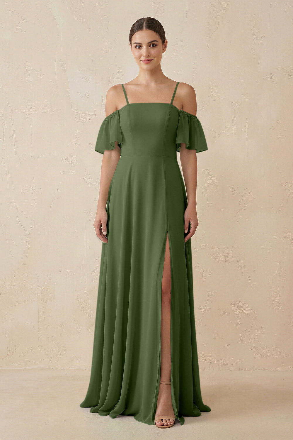Off-the-Shoulder A-Line Chiffon Bridesmaid Dress in Moss