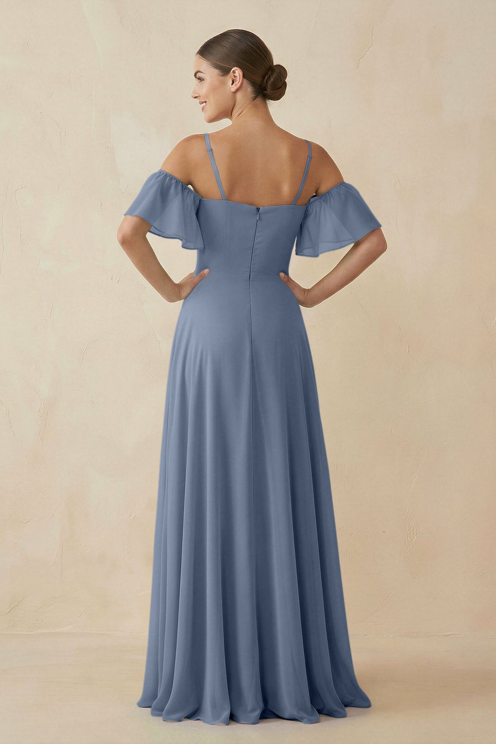 Off - the - Shoulder A - Line Chiffon Bridesmaid Dress in Neptune - KISS BRIDAL Bridesmaid Dresses