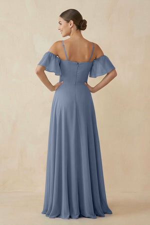 Off - the - Shoulder A - Line Chiffon Bridesmaid Dress in Neptune - KISS BRIDAL Bridesmaid Dresses