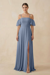 Off - the - Shoulder A - Line Chiffon Bridesmaid Dress in Neptune - KISS BRIDAL Bridesmaid Dresses