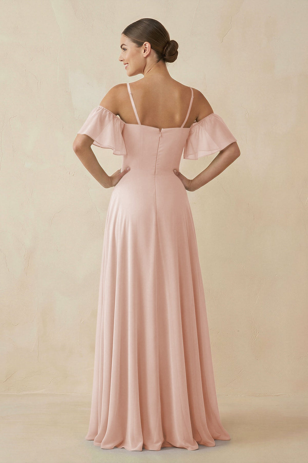 Off - the - Shoulder A - Line Chiffon Bridesmaid Dress in Pale Blush - KISS BRIDAL Bridesmaid Dresses