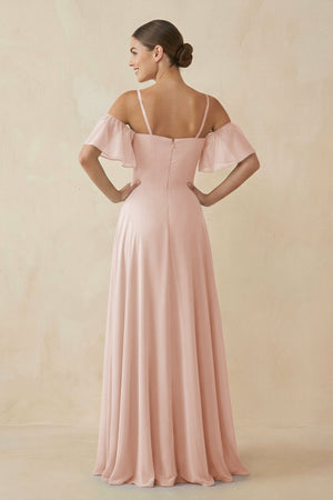 Off - the - Shoulder A - Line Chiffon Bridesmaid Dress in Pale Blush - KISS BRIDAL Bridesmaid Dresses