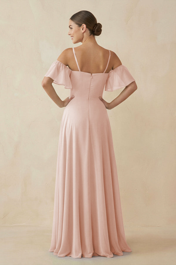 Off - the - Shoulder A - Line Chiffon Bridesmaid Dress in Pale Blush - KISS BRIDAL Bridesmaid Dresses