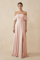 Off - the - Shoulder A - Line Chiffon Bridesmaid Dress in Pale Blush - KISS BRIDAL Bridesmaid Dresses
