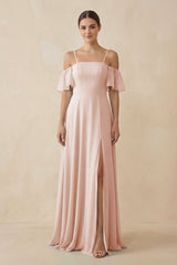 Off - the - Shoulder A - Line Chiffon Bridesmaid Dress in Pale Blush - KISS BRIDAL Bridesmaid Dresses