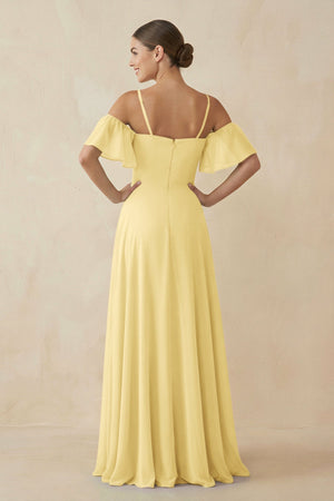 Off - the - Shoulder A - Line Chiffon Bridesmaid Dress in Pastel Yellow - KISS BRIDAL Bridesmaid Dresses