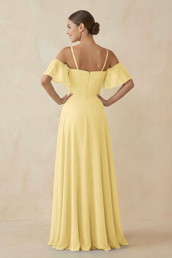 Off - the - Shoulder A - Line Chiffon Bridesmaid Dress in Pastel Yellow - KISS BRIDAL Bridesmaid Dresses