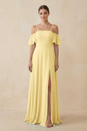 Off - the - Shoulder A - Line Chiffon Bridesmaid Dress in Pastel Yellow - KISS BRIDAL Bridesmaid Dresses