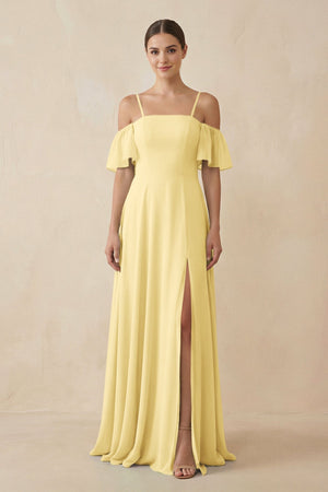 Off - the - Shoulder A - Line Chiffon Bridesmaid Dress in Pastel Yellow - KISS BRIDAL Bridesmaid Dresses