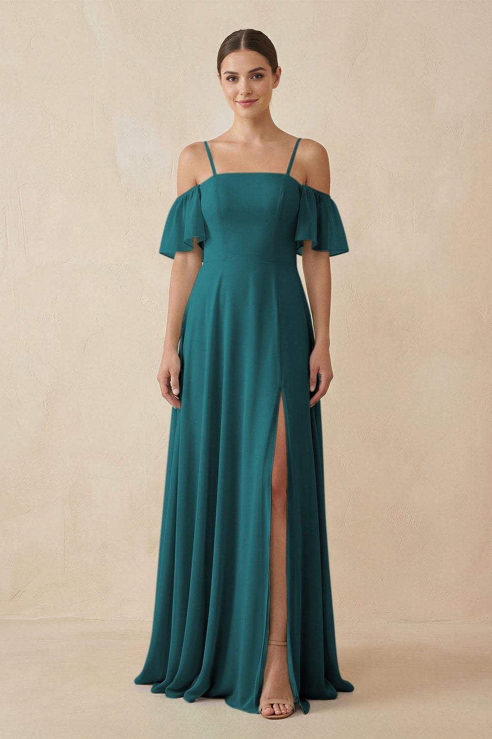 Off - the - Shoulder A - Line Chiffon Bridesmaid Dress in Pine - KISS BRIDAL Bridesmaid Dresses