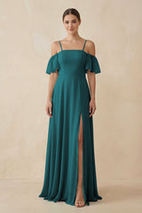 Off - the - Shoulder A - Line Chiffon Bridesmaid Dress in Pine - KISS BRIDAL Bridesmaid Dresses