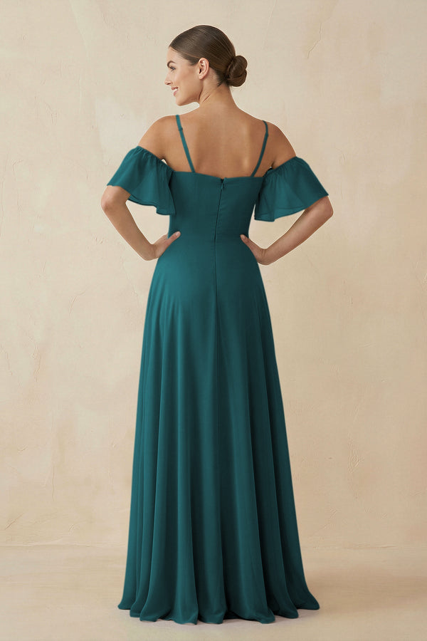 Off - the - Shoulder A - Line Chiffon Bridesmaid Dress in Pine - KISS BRIDAL Bridesmaid Dresses
