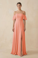 Off - the - Shoulder A - Line Chiffon Bridesmaid Dress in Rosette - KISS BRIDAL Bridesmaid Dresses
