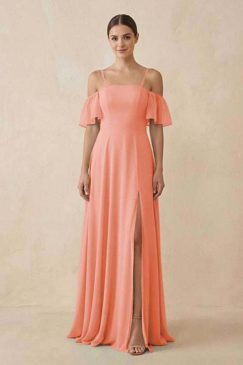 Off - the - Shoulder A - Line Chiffon Bridesmaid Dress in Rosette - KISS BRIDAL Bridesmaid Dresses